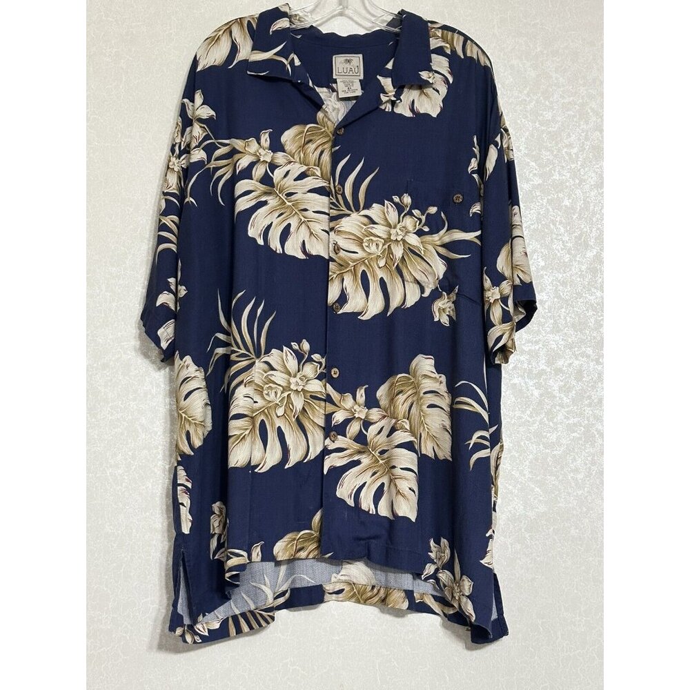 Vintage Luau Mens Hawaiian Shirt Dark Navy Blue Floral Size 2X Spun Rayon Poplin
